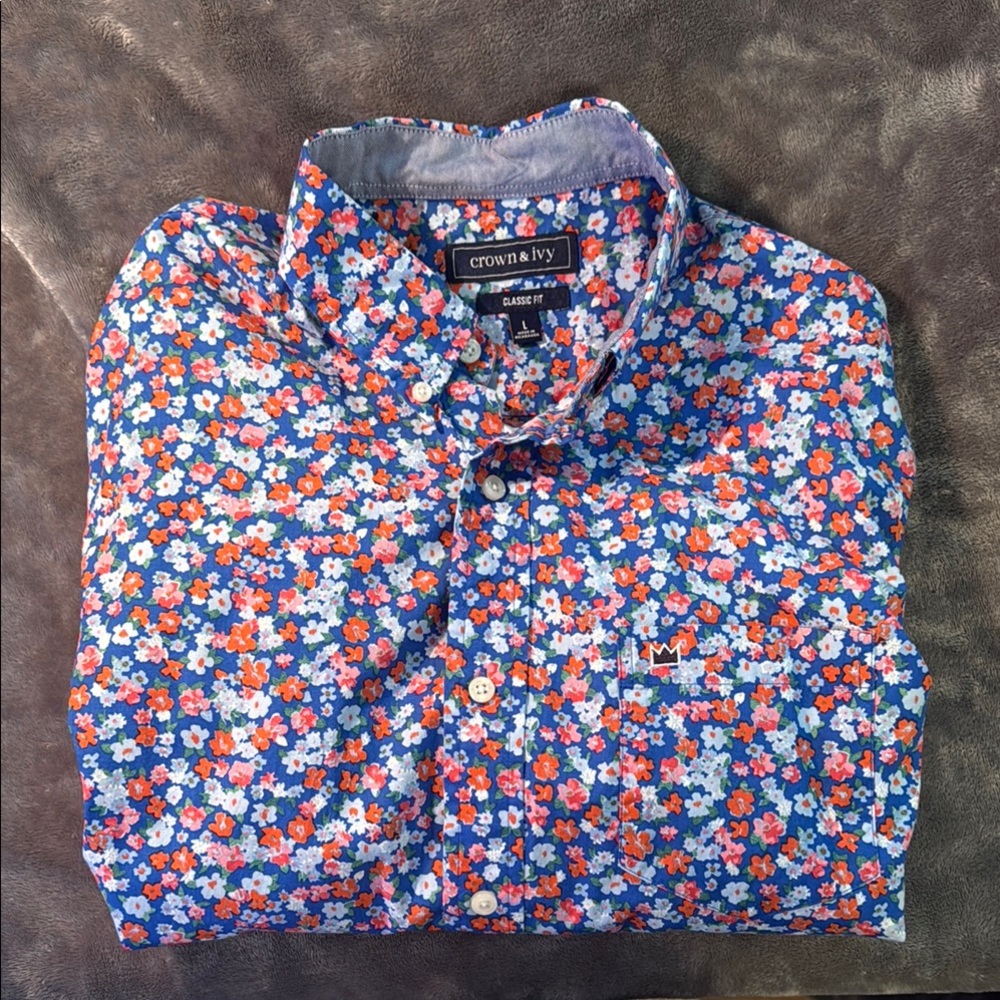 Crown & Ivy Men's Red and Blue Long Sleeve Floral Shirt
